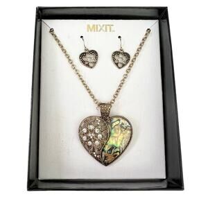 Mixit abalone heart floral necklace and earrings set in gift box
